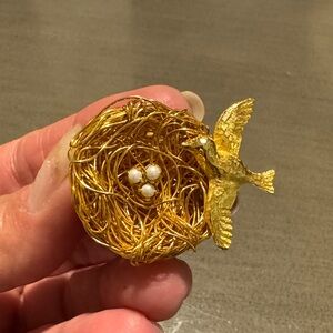 Golden Bird and Nest Brooch